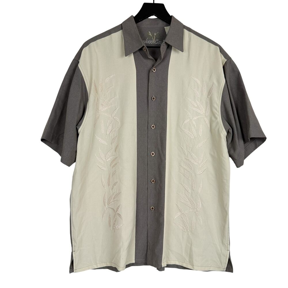 Bamboo Cay Mens Embroidered Hawaiian Camp Button Up Shirt Gray Beige - M